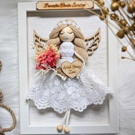 ANIOŁEK RAMKA z Imie grawer MAKRAMA PAMIĄTKA PREZENT na CHRZEST Anioł Stróż