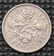 *WIELKA BRYTANIA [0841] *SIX 6 PENCE 1957 *Elizabeth II, Róża Tudorów, oset