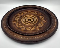 RZEŹBIONY drewniany talerzyk, BARDZO ŁADNY duży kolekcjonerski