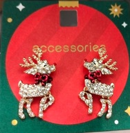 Kolczyki świąteczne Renifer z kokardą z cyrkoniami Złoty kolor błyszczące