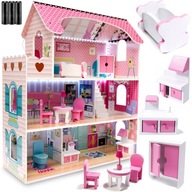 DREWNIANY DOMEK DLA LALEK LED RÓŻOWY ŚWIECĄCY Z MEBLAMI DUŻY PREZENT