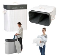 DUŻY KOSZ NA PRANIE PODWÓJNY DWUKOMOROWY BAMBUSOWY BIAŁY JASNY NA BIELIZNE