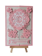 ZAPROSZENIA KOMUNIA DZIEWCZYNKA IHS W KWIATACH OTWIERANE B6 RÓŻ - BIEL