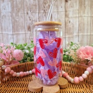 Kubek szklanka z bambusową pokrywką i słomką 500 ml handmade prezent serca