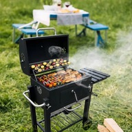 GRILL WĘGLOWY 113,5x50x107 CM Z ŻELIWNYM RUSZTEM I TERMOMETREM WYTRZYMAŁY