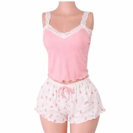 Piżama damska komplet top + spodenki różowa koronka S