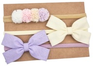 Opaski na głowę kokardki i pomponiki kremowa i jasny fiolet zestaw 3 szt