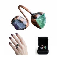 PIERŚCIONEK PODWÓJNY KAMIEŃ NATURALNY AMETYST FLUORYT SUROWY MIEDŹ UNIKAT