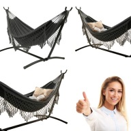 HAMAK OGRODOWY ZE STELAŻEM STALOWYM DWUOSOBOWY DUŻY NA BALKON MOCNY BOHO