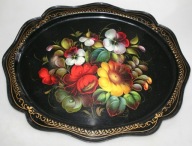 CZARNA METALOWA TACA, RĘCZNIE MALOWANE KWIATY 2