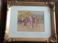 obraz akwarela sygnowana oprawiona konie wyścigi oryginał