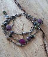 Bransoletka 3-rzędowa rubin fasetowany mleczny turmalin srebro jedyna