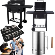 DUŻY GRILL OGRODOWY WĘGLOWY ŻELIWYNY RUSZT TERMOMETR + AKCESORIA ZESTAW