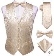 L XL ślubna Kamizelka Krawat poszetka ecru ZŁOTA zestaw muszka do ślubu