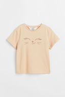 H&M Dżersejowy top z nadrukiem kot kotek134/140 jasnobeżowy