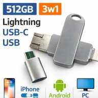 Pendrive 512GB 3w1 Lightning USB-C USB iPhone Android