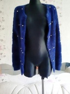 KARDIGAN SWETER NARZUTKA granatowy perełki koralik ciepły miś misiowy retro