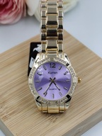 Kurren zegarek damski złoty luksusowy fioletowa tarcza cyrkonie STYL