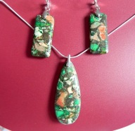 Zielono-brązowy jaspis cesarski, zestaw biżuterii w srebrnej oprawie