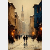 Stare miasto zima obraz olejny na płótnie 55x80 budynki ulica do salonu