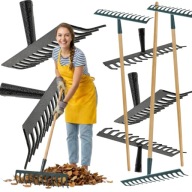 GRABIE OGRODOWE METALOWE 14 ZĘBÓW DREWNIANY TRZON DO LIŚCI TRAWY WYTRZYMAŁE