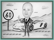 Karykatura na prezent ze zdjęcia na urodziny dla kierowcy rysowany ołówkiem