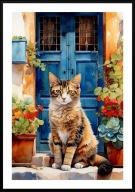 KOLOROWY PLAKAT A2 KOTY SIEDZĄCE POD DRZWAMI, BURSZTYNOWY KOT, NIEBIESKIE