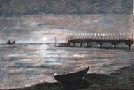 Romantyczny pejzaż zachód słońca molo pastel