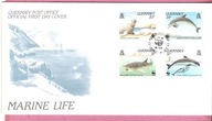 Guernsey 1990, FDC 4zn. fauna morska, delfin, orka, rekin, foka, WWF