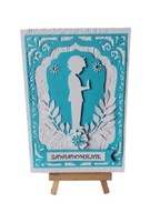 ZAWIADOMIENIA KOMUNIA CHŁOPIEC Z ŚWIECĄ W RAMCE KORONKA B6 NIEBIESKI - BIEL