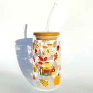 Szklanka z bambusową pokrywką i słomką 500 ml Jesienny spacer z książką