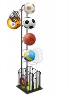 Stojak do przechowywania piłek 4-poziomowy z koszem, metalowy, nieużywany