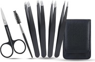 Profesjonalny zestaw pęset do brwi czarny 6w1 z etui i nożyczkami