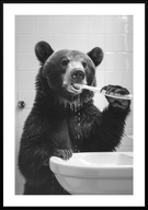 A2 CZARNO-BIAŁY PLAKAT DO ŁAZIENKI TOALETY ZABAWNY NIEDŹWIEDŹ MYJĄCY ZĘBY