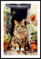 KOLOROWY PLAKAT A2 KOTY SIEDZĄCE POD DRZWAMI, BRĄZOWY BEŻOWY KOT, DONICZKI