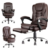 Fotel z MASAŻEM brązowy OBROTOWY BIUROWY skóra PU podstawa CHROM + PODNÓŻEK