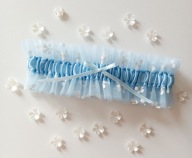 Podwiązka ślubna Lucy lux niebieska tiulowa kwiatuszki ekskluzywna NA MIARĘ