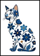 A2 OBRAZ PLAKAT Z KOTEM, BIAŁY KOT W NIEBIESKIE KWIATY