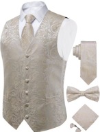 S M Kamizelka ślubna Krawat Muszka Elegancka Męska kremowy złoty beż