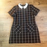 Sukienka mała czarna w białą kratę GEORGE 46 taliowana cudna