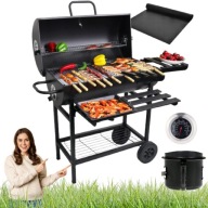 GRILL WĘGLOWY OGRODOWY DUŻY Z POKRYWĄ BECZKA RUSZT PÓŁKI TERMOMETR