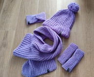 Wełniany komplet hand made czapka, szalik, mitenki, opaska. Piękny kolor