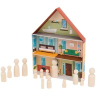 RODZINA PEG DOLL Z DOMKIEM. DREWNIANE FIGURKI. ZESTAW 22 SZTUK