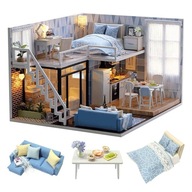 Miniaturowy domek DIY niebieski loft do sklejania dla lalek 3D puzzle