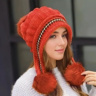 CZAPKA ZIMOWA Z POLARU Z NAUSZNIKAMI AKRYL BURGUND RĘKAWICZKI ZESTAW POMPON