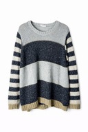 Sweter boho Zhenzi L błękit granat złota nić paski luźny duński vintage