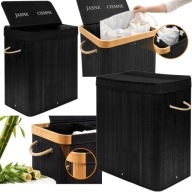 KOSZ NA PRANIE CZARNY DUŻY BAMBUSOWY SKŁADANY WOLNOSTOJĄCY 2 KOMORY 100L