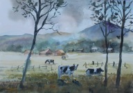 Krowy na wsi pejzaż Akwarela Sabina Salamon 25x35