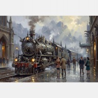 Lokomotywa pociąg w stylu gotyckim peron obraz na płótnie 55x80 olejny art