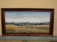 STARY OBRAZ RAMA ART DECO PEJZAŻ POLSKIEJ WSI ŻNIWA